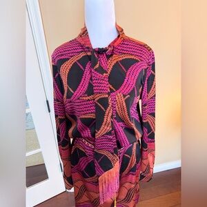 Hale Bob Silk Long Sleeve Tie Neck Half Button Chain Belted Dress Size S NWOT